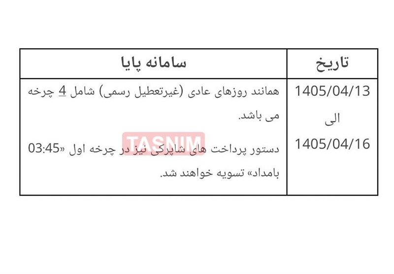 ساعات کاری سامانه پایا در ایام برگزاری مراسم تشییع رهبر شهید