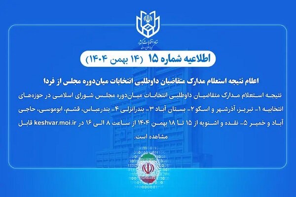 فردا درخواست مدارک متقاضیان انتخابات میان دوره ای مجلس اعلام می شود