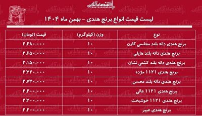 شهرخبر - قیمت جدید انواع برنج هندی امروز ۱۲ بهمن ۱۴۰۴ / کیسه ۱۰ کیلویی برنج هندی مژده، محسن، هایلی و...چند شد؟ + جدول